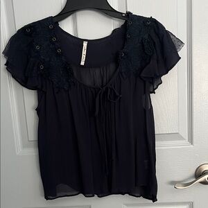 Willow & Clay Navy Blouse with Lace Accents